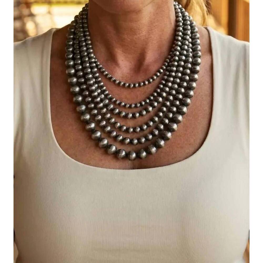 NEW TIPI women's western six-row faux sterling pearl statement necklace in silve